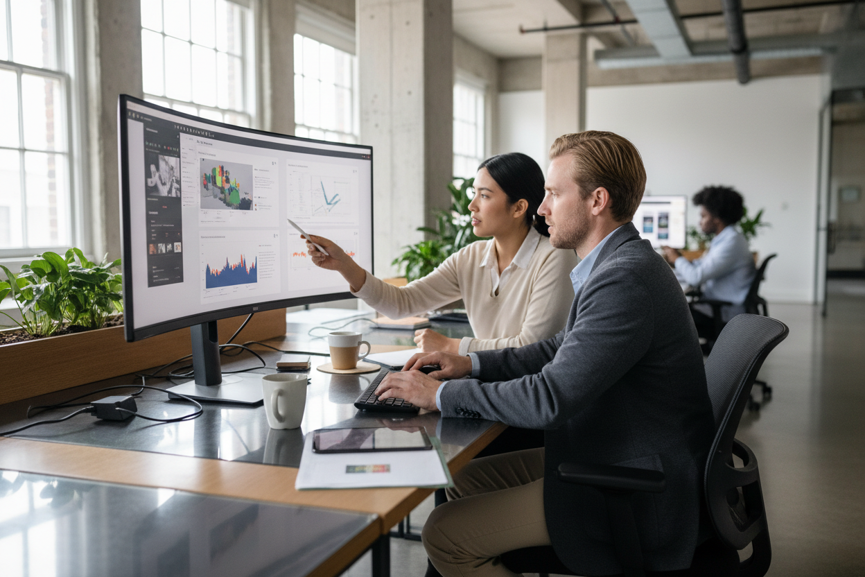 Zwei Persone sitzen an einem Tisch und arbeiten an einem große Bildschirm
